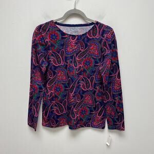 Talbots Womens Multicolor Paisley Crew Neck Long Sleeve Stretch Pullover Top PM